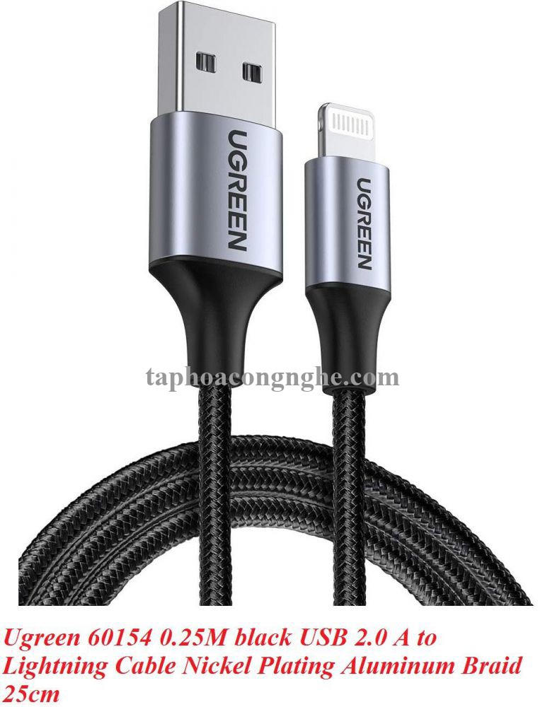 Ugreen 60154 0.25M màu đen cáp MFI USB 2.0 A ra Lightning đầu bọc nhôm mạ nickel chống nhiễu 25cm US291 30060154